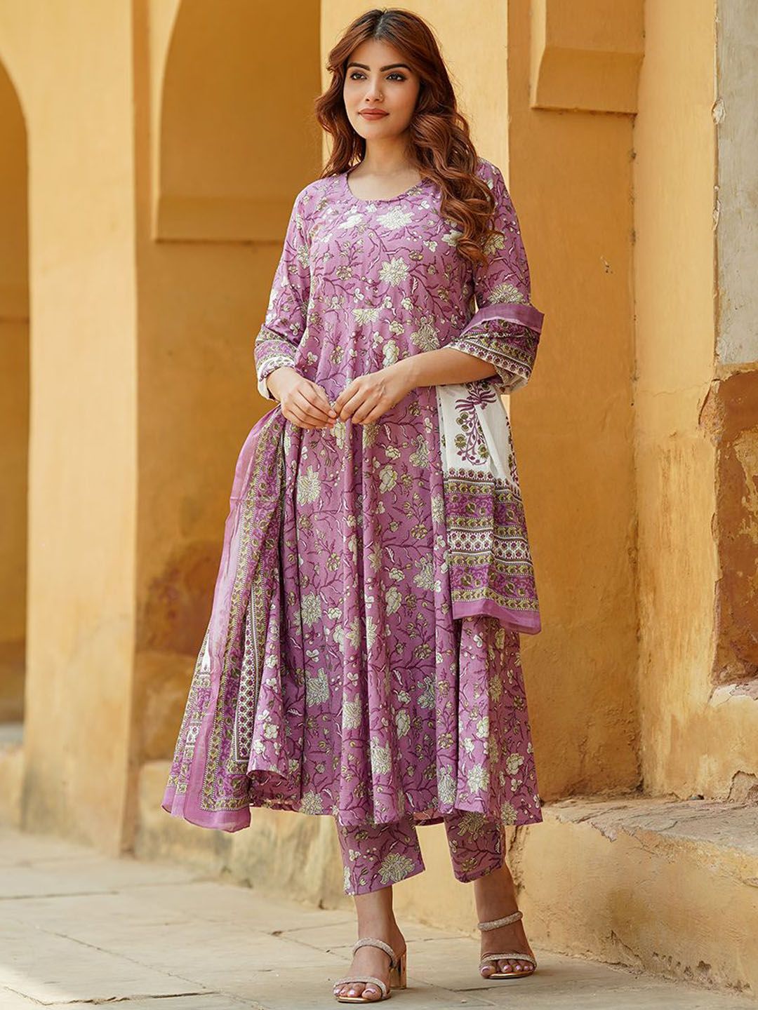 Dhiyona KL Floral Printed Regular Pure Cotton Anarkali Kurta with Trousers & Dupatta