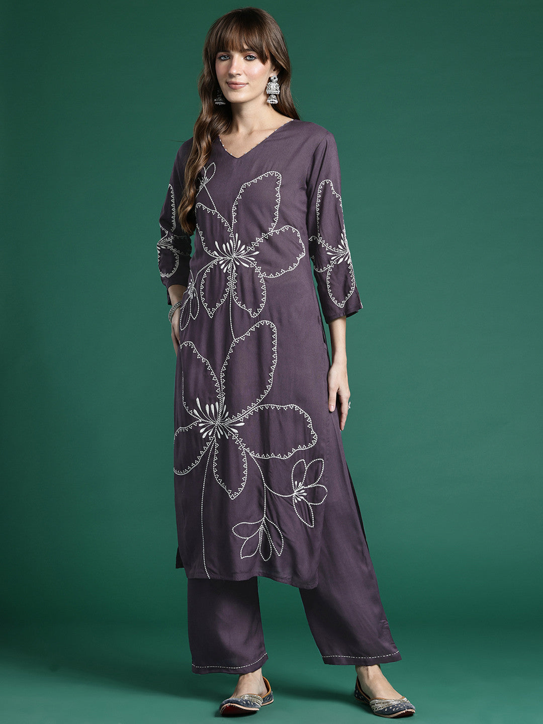 Floral Embroidered Regular Thread Work Kurta with Palazzos