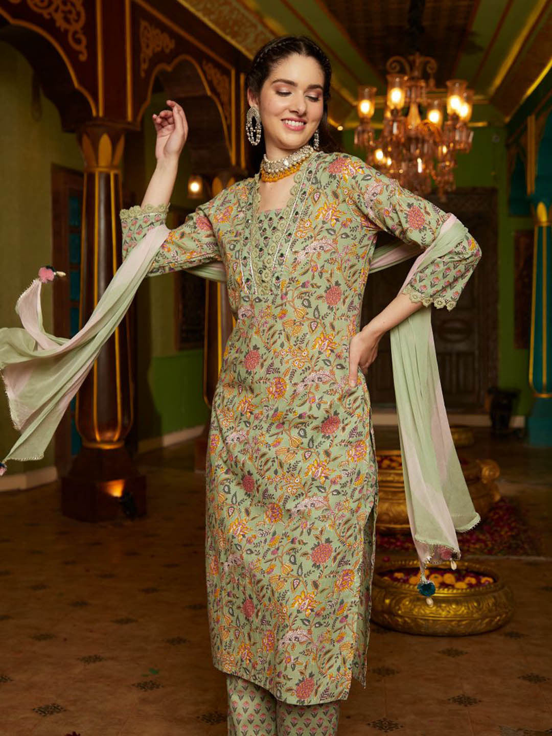 Floral Printed Pure Cotton Straight Kurta With Trouser & Dupatta