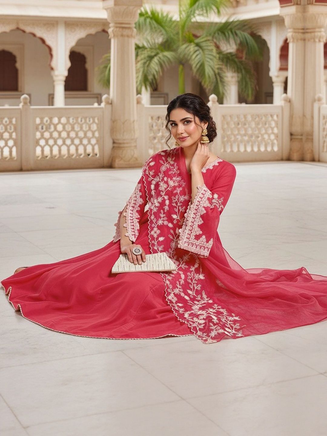 Dhiyona KL Embroidered Empire Thread Work Kurta with Trousers & Dupatta