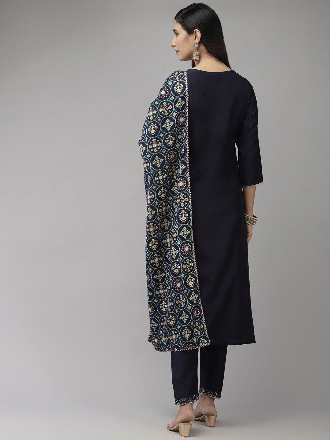 Women Navy Blue Gotta Patti Kurta with Trousers & With Dupatta