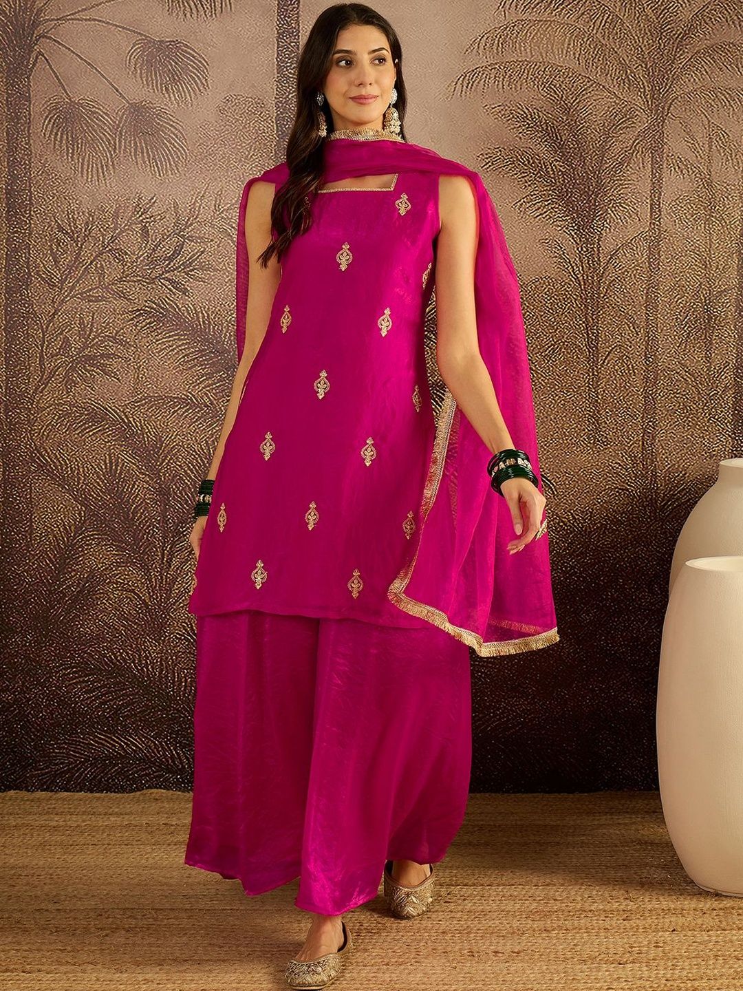 Dhiyona SN Embroidered Sequence Kurta & Palazzos with Dupatta Set
