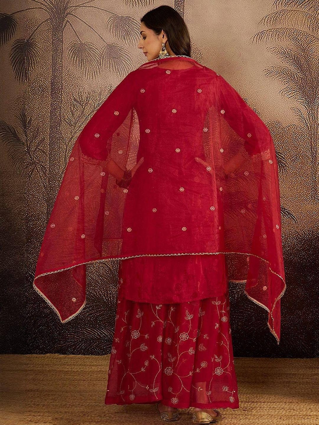 Dhiyona SN Women Ethnic Motifs Embroidered Knee Length Regular Kurta with Sharara & Dupatta