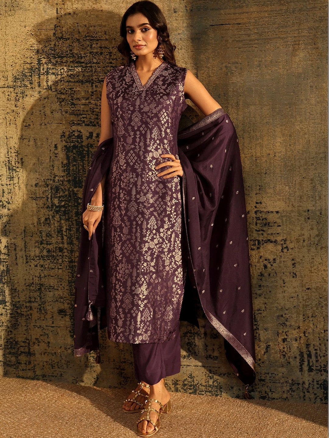 Burgundy Floral Woven Design Silk Blend Straight Suit Set