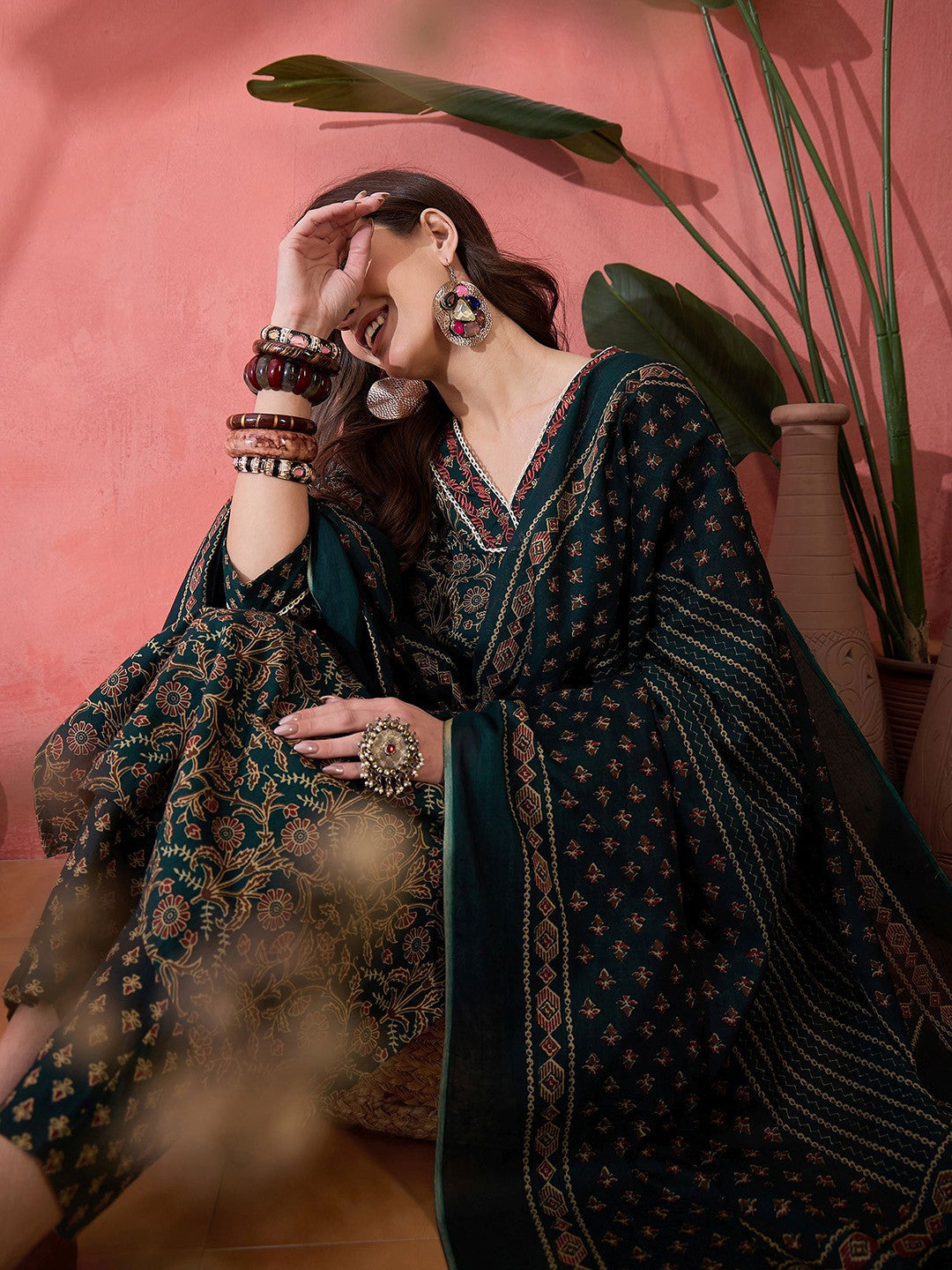 Floral Printed V-Neck Pure Cotton Straight Kurta With Trouser And Dupatta