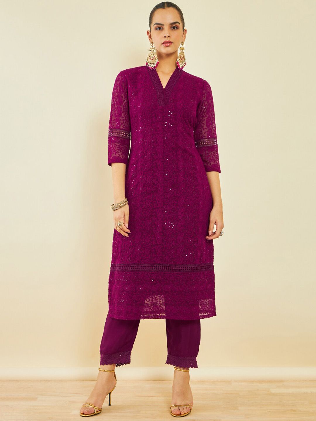 Dhiyona SO Women's Paisley Embroidered Sequinned Kurta With Trousers & Dupatta