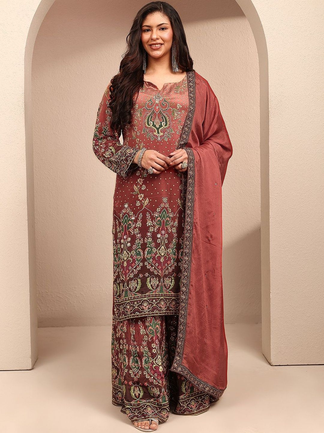 Dhiyona Women's Ethnic Motifs Printed Regular Silk Crepe Kurta with Palazzos & With Dupatta
