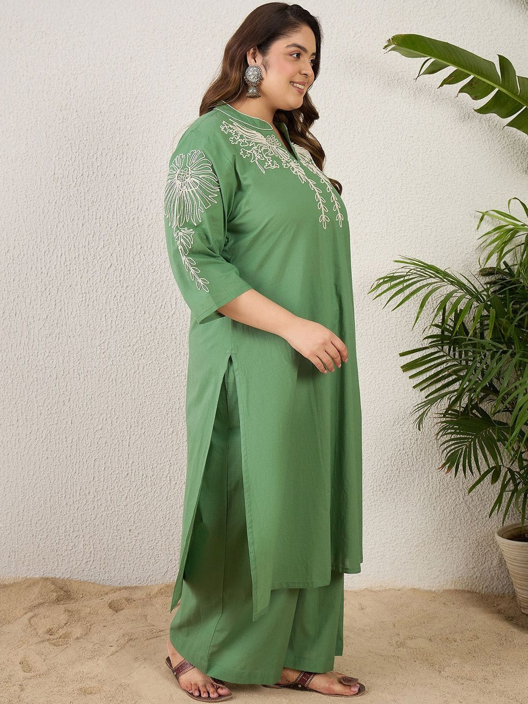 Plus Size Floral Embroidered Regular Thread Work Pure Cotton Kurta with Trousers