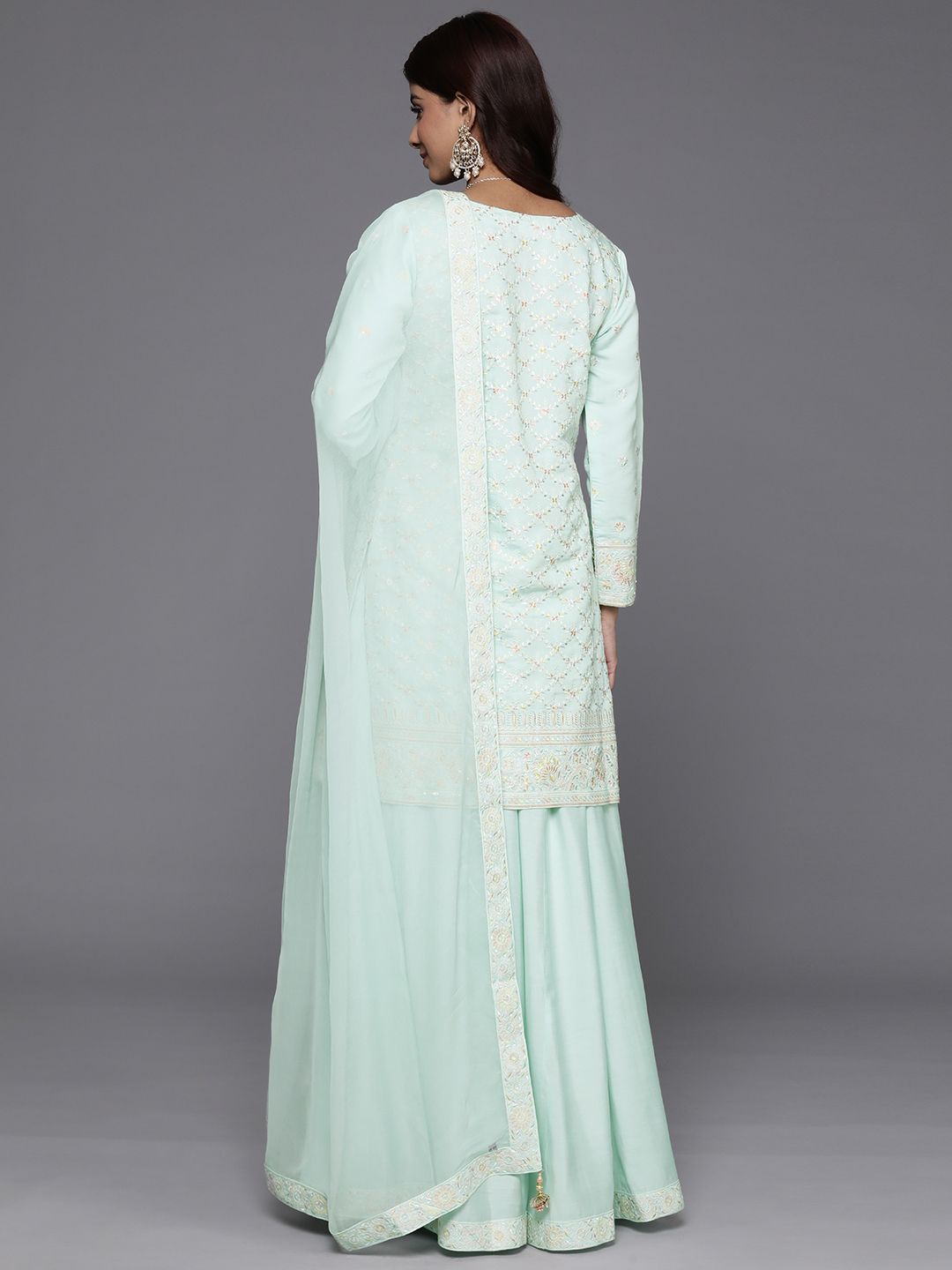 Dhiyona LL Floral Embroidered Beads & Stones Kurti with Palazzos & Dupatta