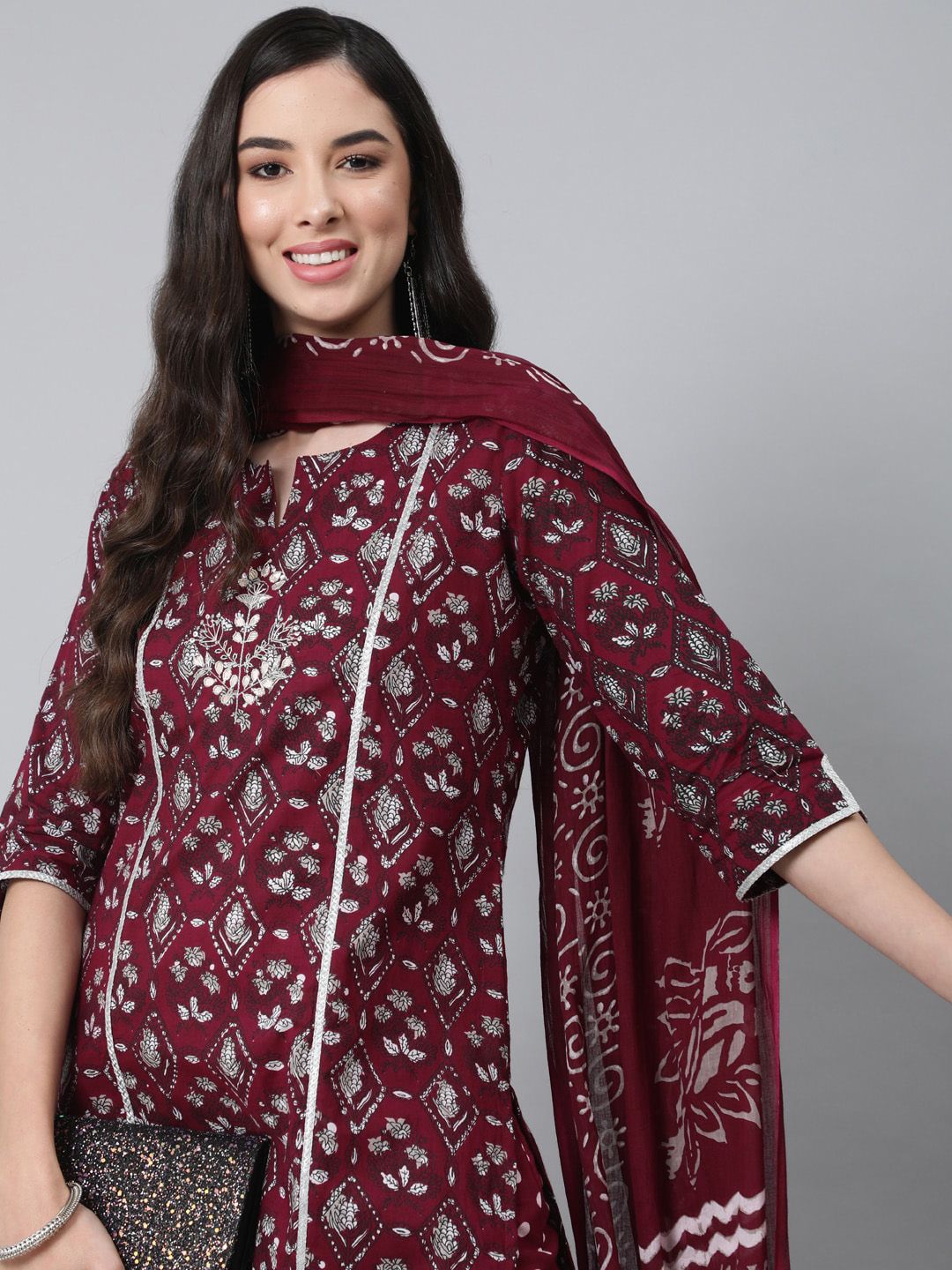 Dhiyona IS Women's Women Maroon Ethnic Motifs Thread Work Pure Cotton Kurta with Trousers & With Dupatta