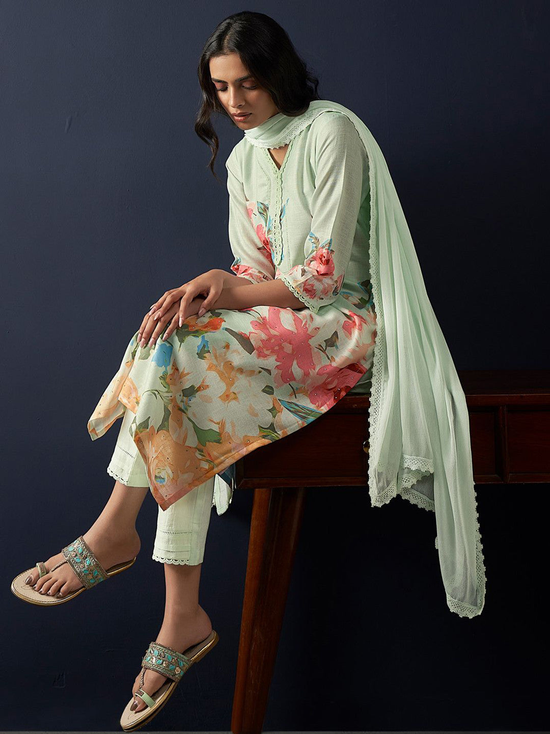 Floral Printed Regular Linen Straight Kurta With Trousers & Dupatta