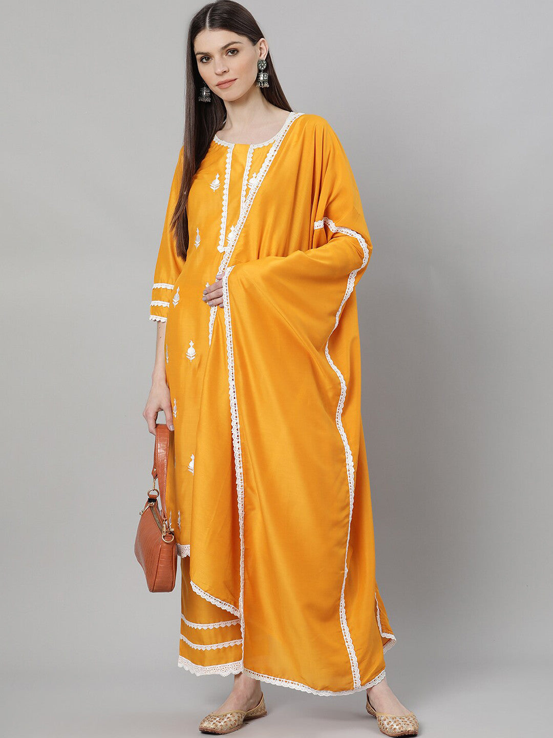 Women Yellow Embroidered Kurta with Palazzos & Dupatta