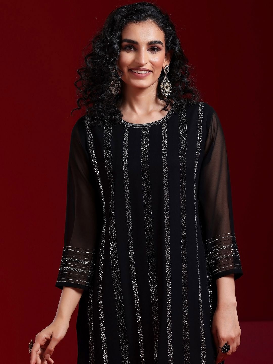 Dhiyona LL Striped Regular Beads and Stones Kurta with Palazzos & Dupatta