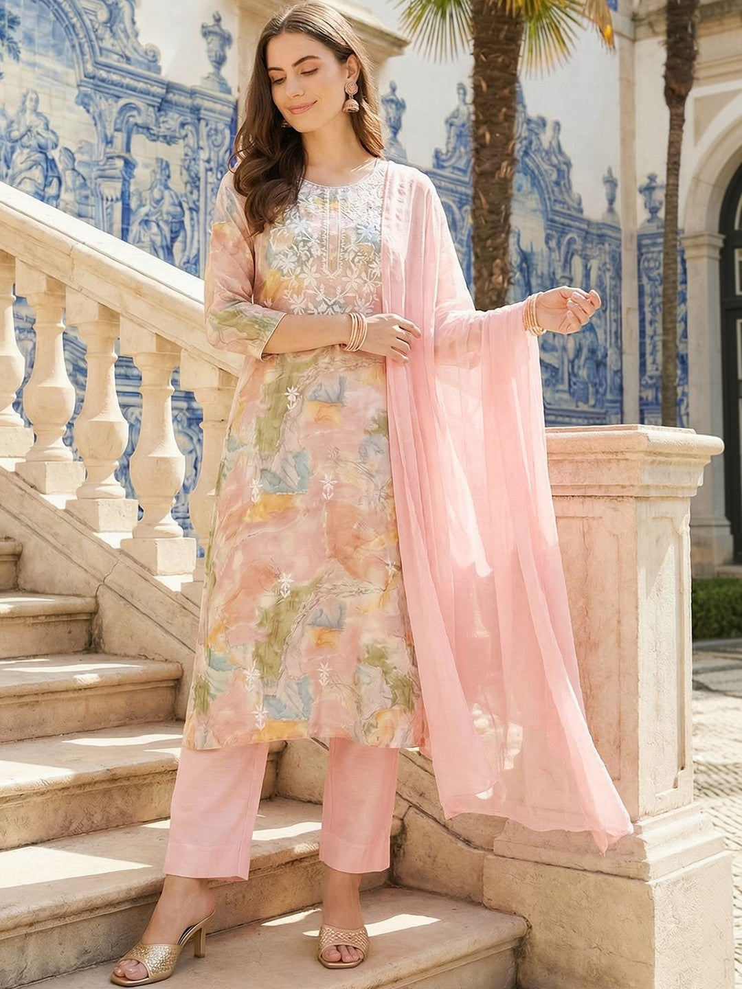 Women Printed Regular Thread Work Kurta with Trousers & With Dupatta