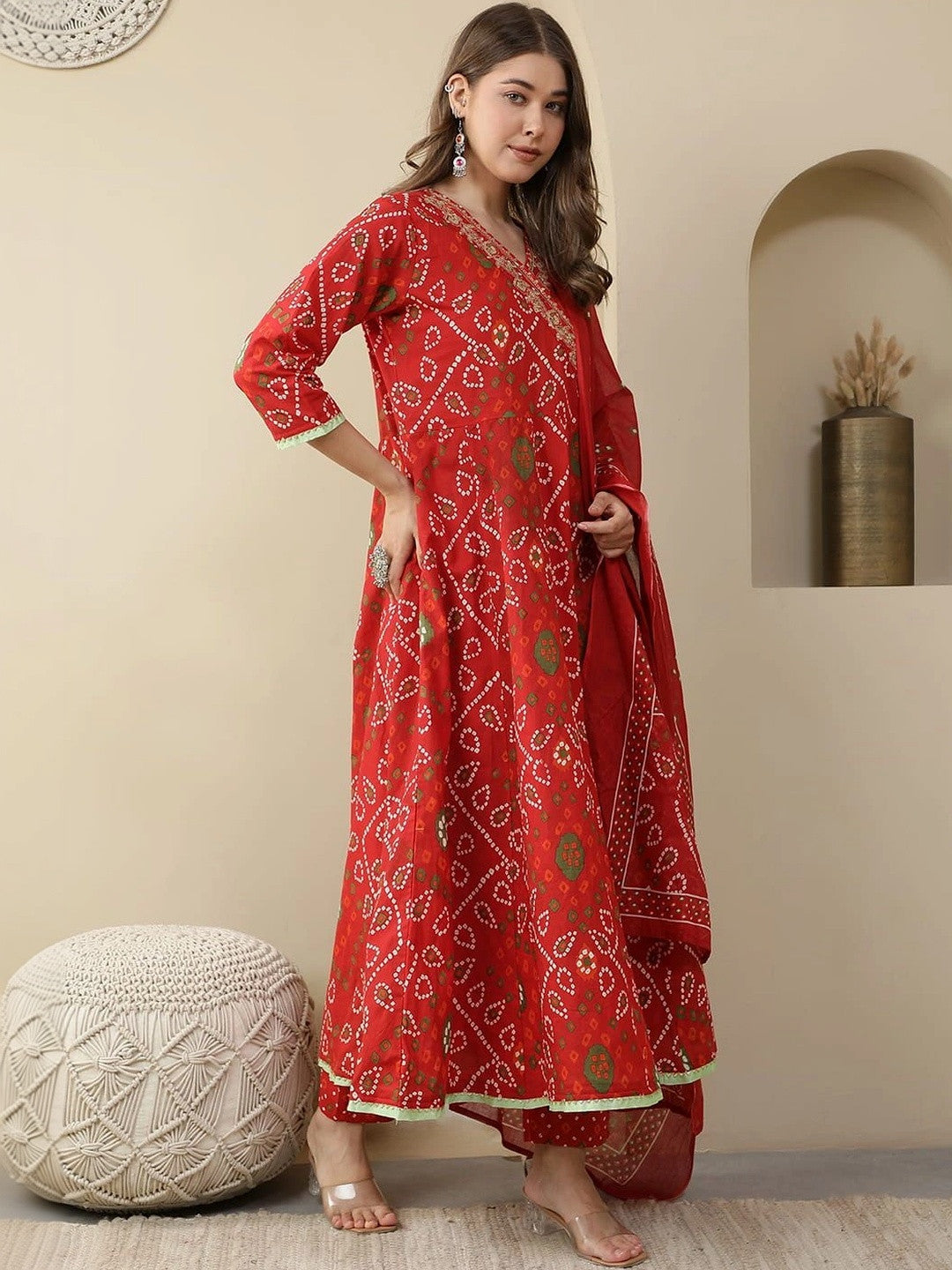 Women Leheriya Printed Angrakha Cotton Kurta with Trousers & Dupatta