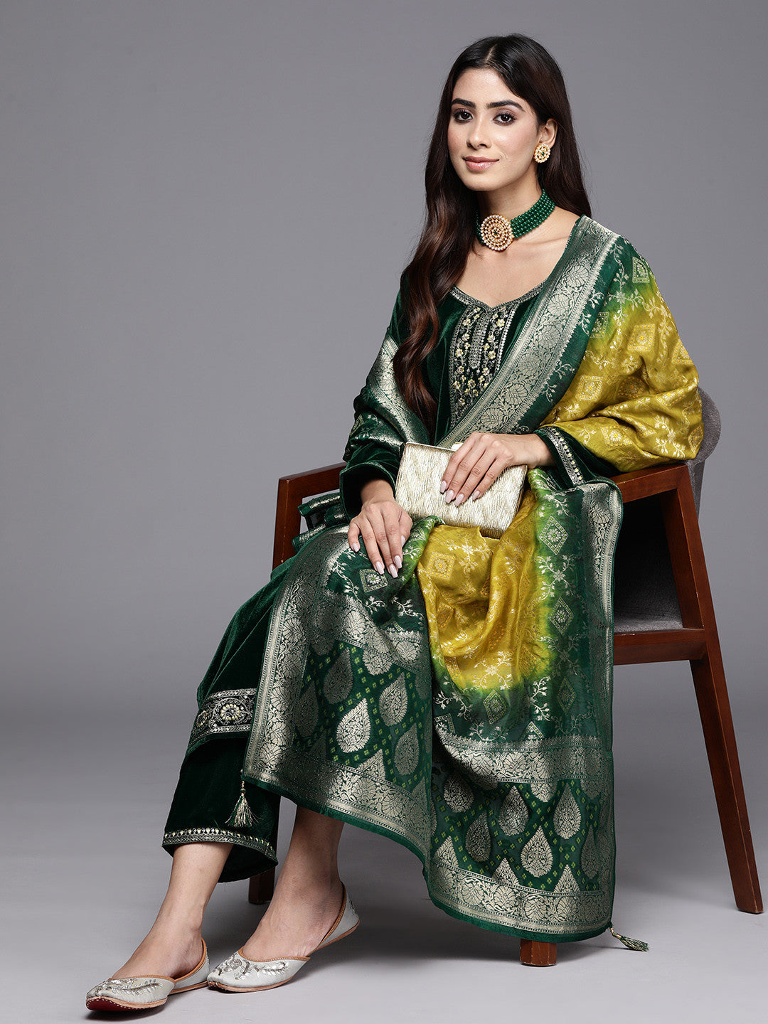 Floral Embroidered Brocade Regular Sequinned Velvet Kurta with Trousers & Dupatta