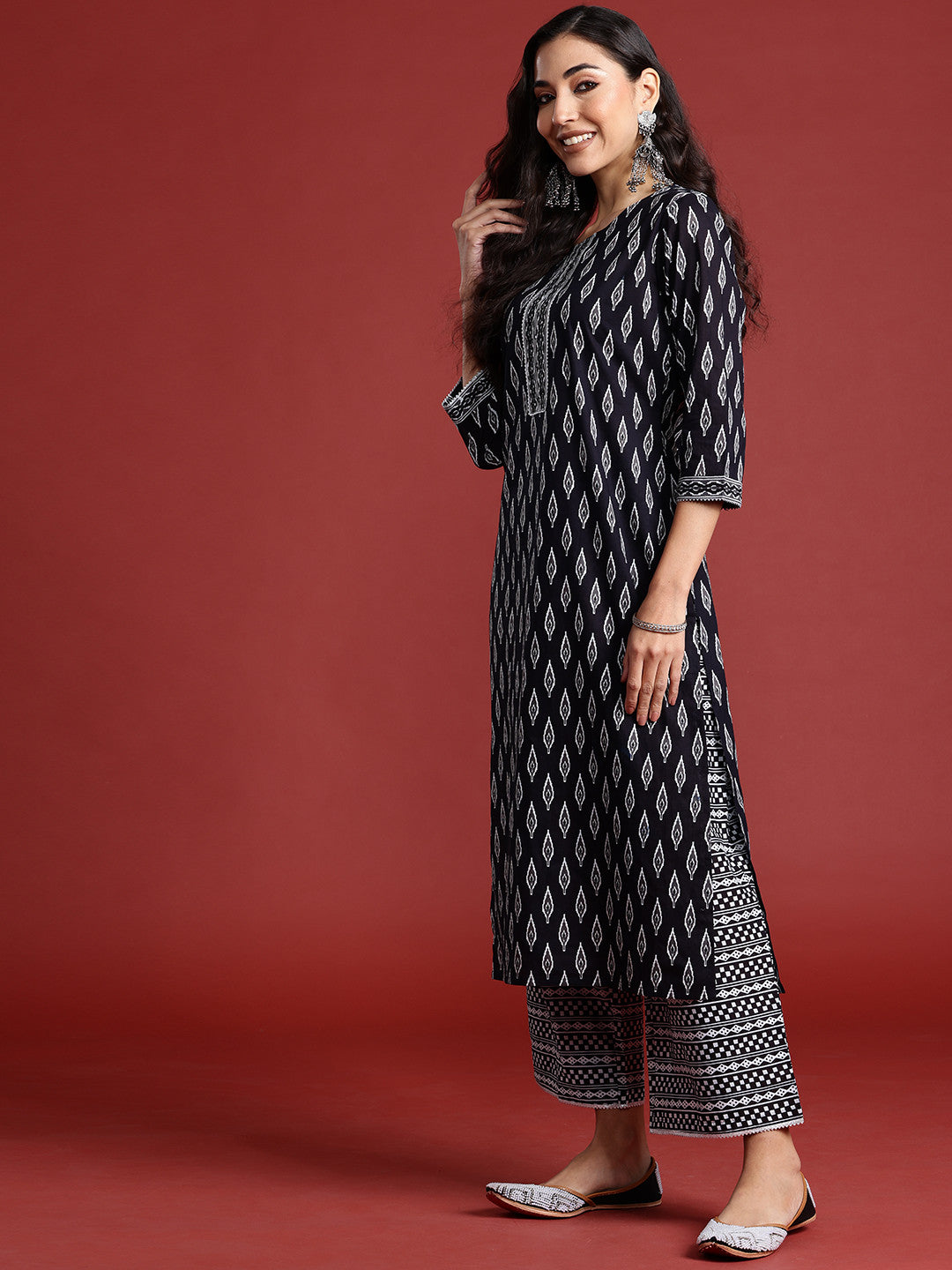 Printed Mirror Work Pure Cotton Kurta With Palazzos & Dupatta