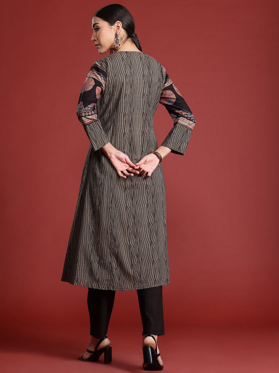 Printed Panelled Sequinned Pure Cotton A-Line Kurta with Trousers