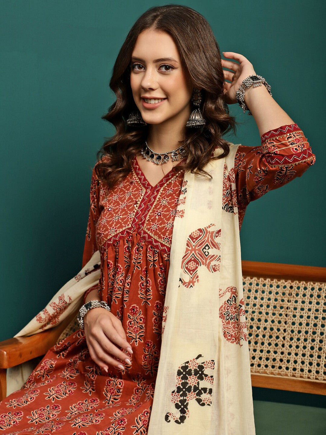 Printed & Embroidered Anarkali Kurta With Trouser & Dupatta Set