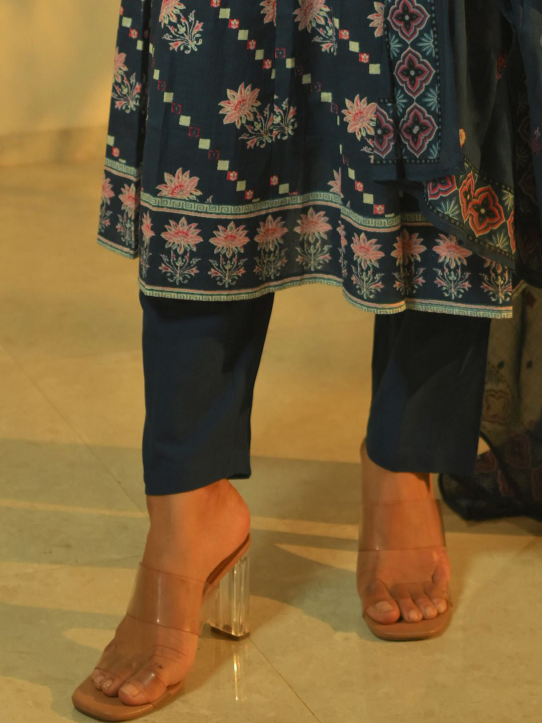 Floral Printed Beads & Stones Pure Cotton A-Line Kurta With Trousers & Dupatta
