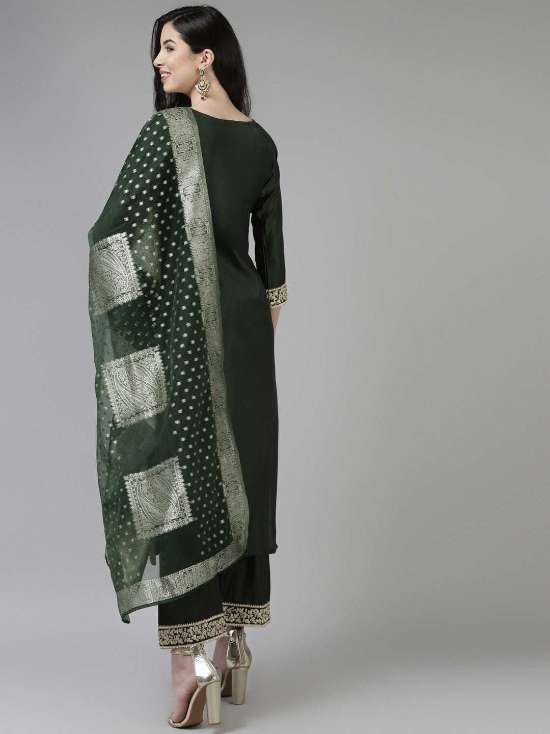 Women Green & Golden Ethnic Motifs Embroidered Kurta with Palazzos & With Dupatta