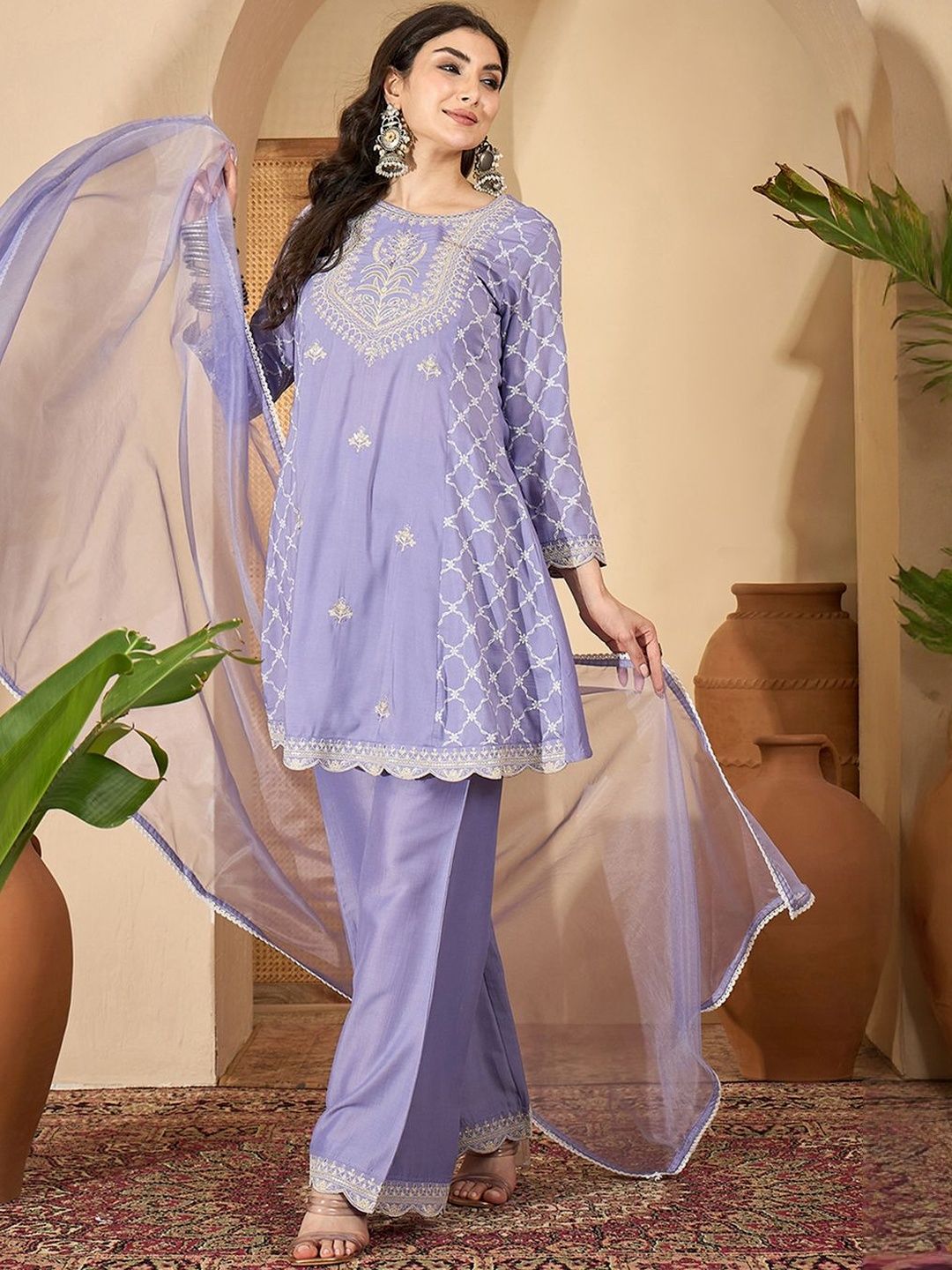 Dhiyona SN Floral Embroidered Thread Work Chinon Silk A-Line Kurta With Palazzos & Dupatta