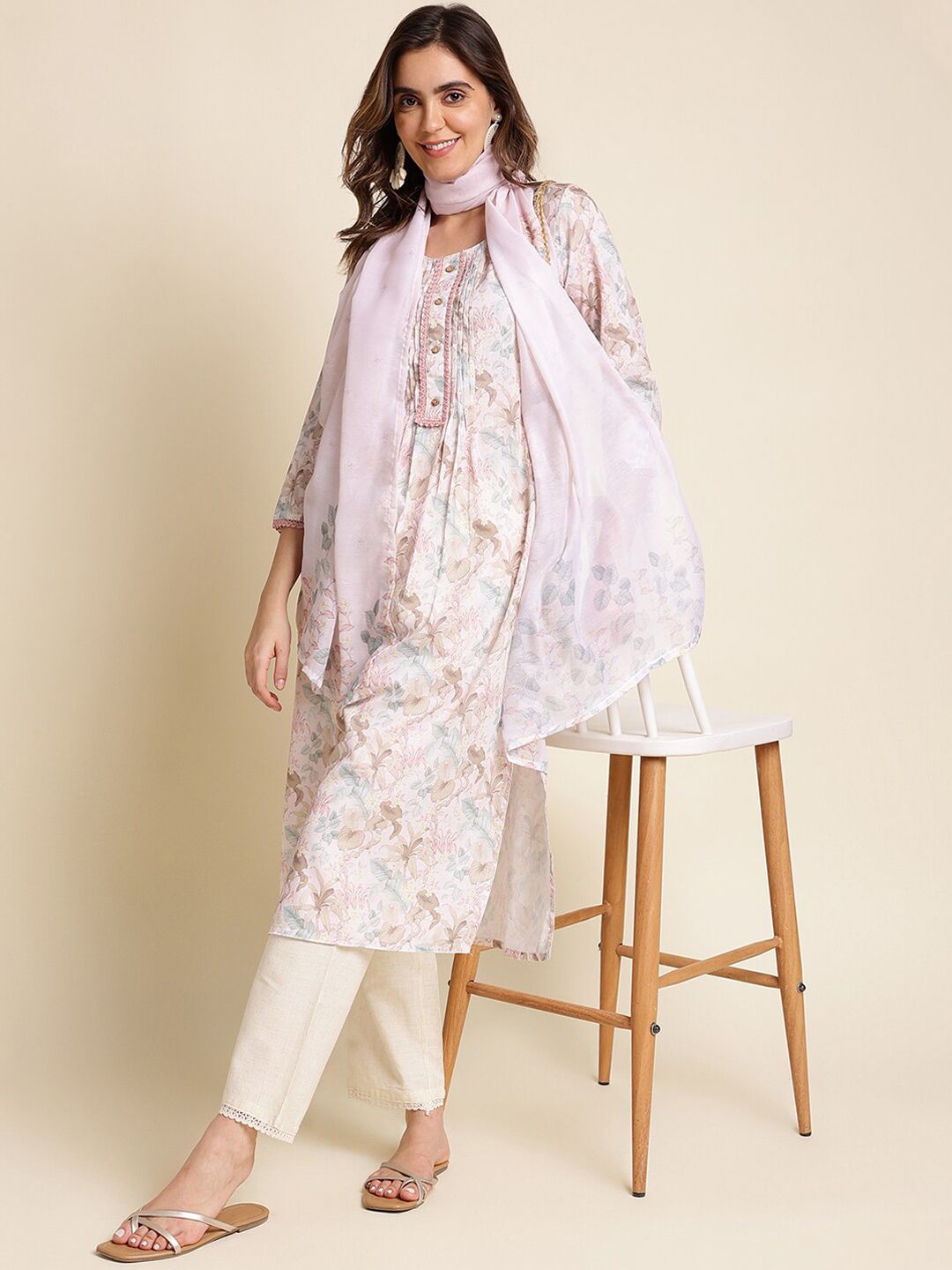 Dhiyona IS Women's Floral Printed Linen Kurta with Trousers & With Dupatta