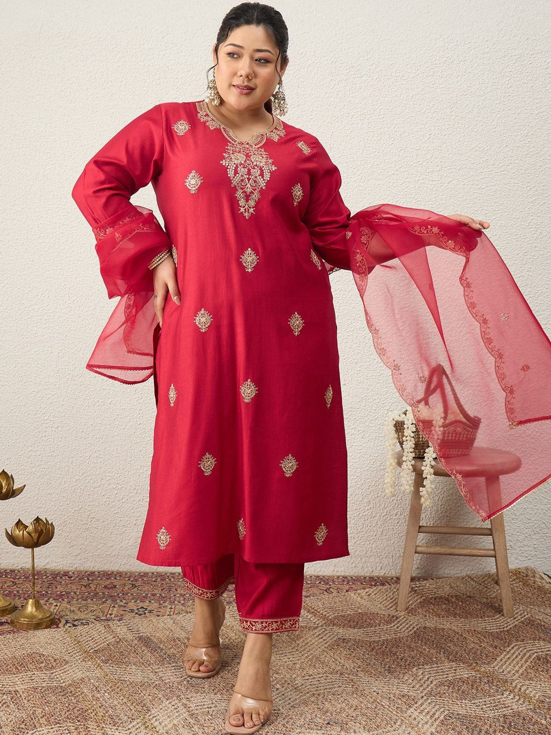 Plus Size Red Embroidered Straight Kurta Trousers With Dupatta Set