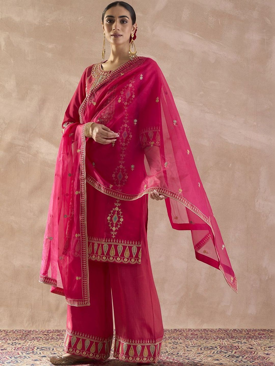 Dhiyona IE Women Ethnic Motifs Embroidered Regular Sequinned Kurta with Palazzos & With Dupatta
