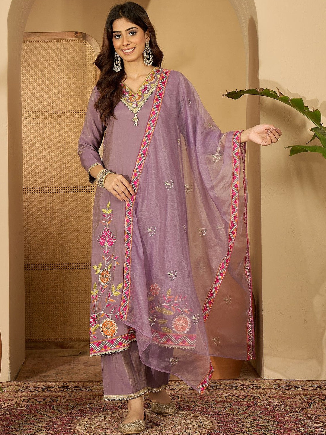 Embroidered V-Neck Kurta & Trousers Kurta Set