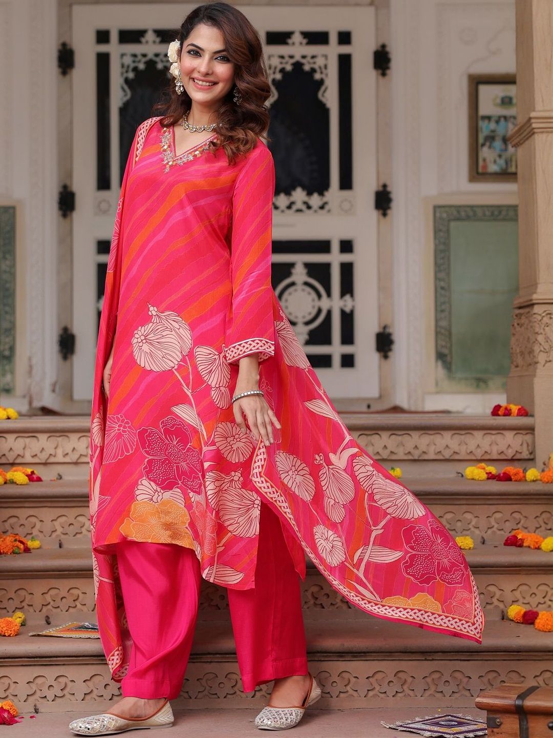 Dhiyona RR Women's Floral Printed Regular Pure Cotton Kurta with Trousers & With Dupatta