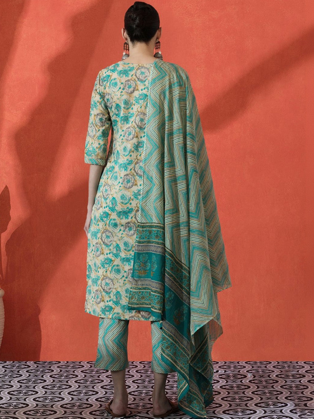 Embroidered Pure Cotton V-Neck Straight Kurta & Trousers With Dupatta
