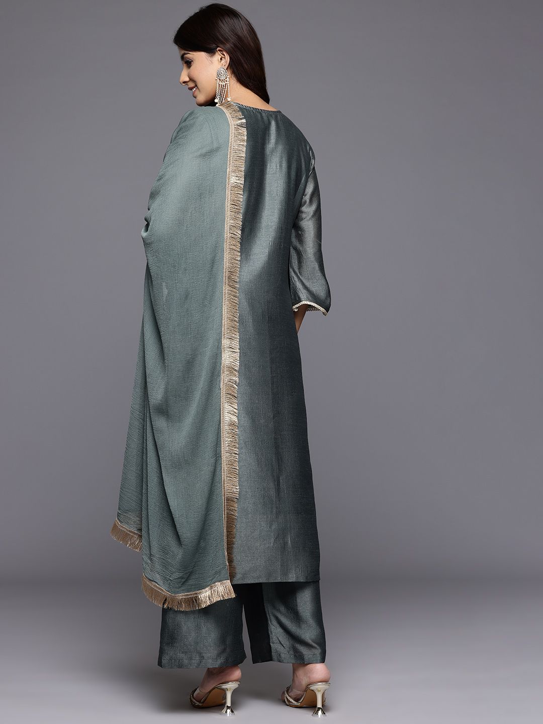 Dhiyona VA Ethnic Motifs Embroidered Zari Kurta With Palazzos & Dupatta