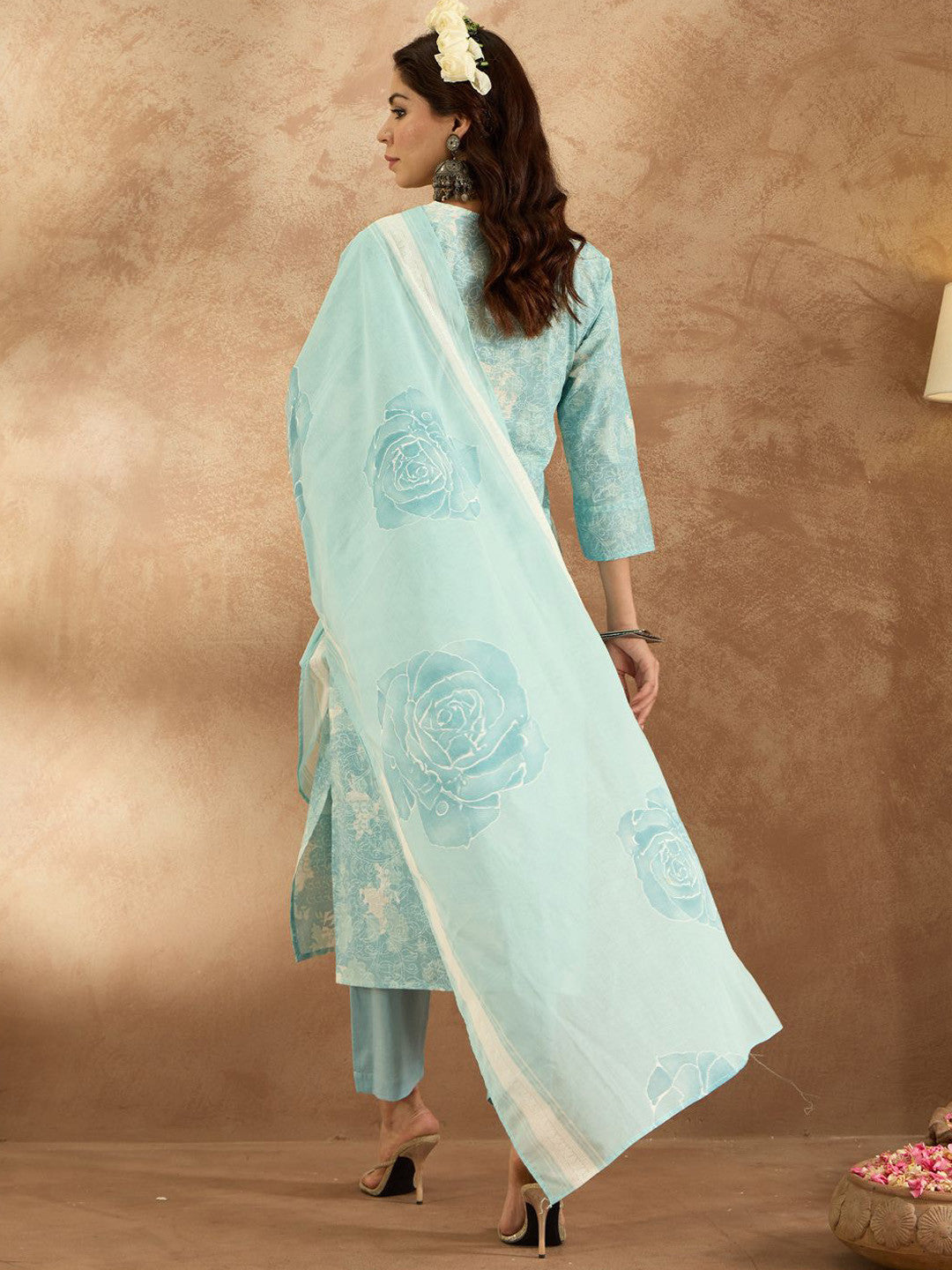 Women Floral Embroidered Pure Cotton Kurta with Trousers & Dupatta