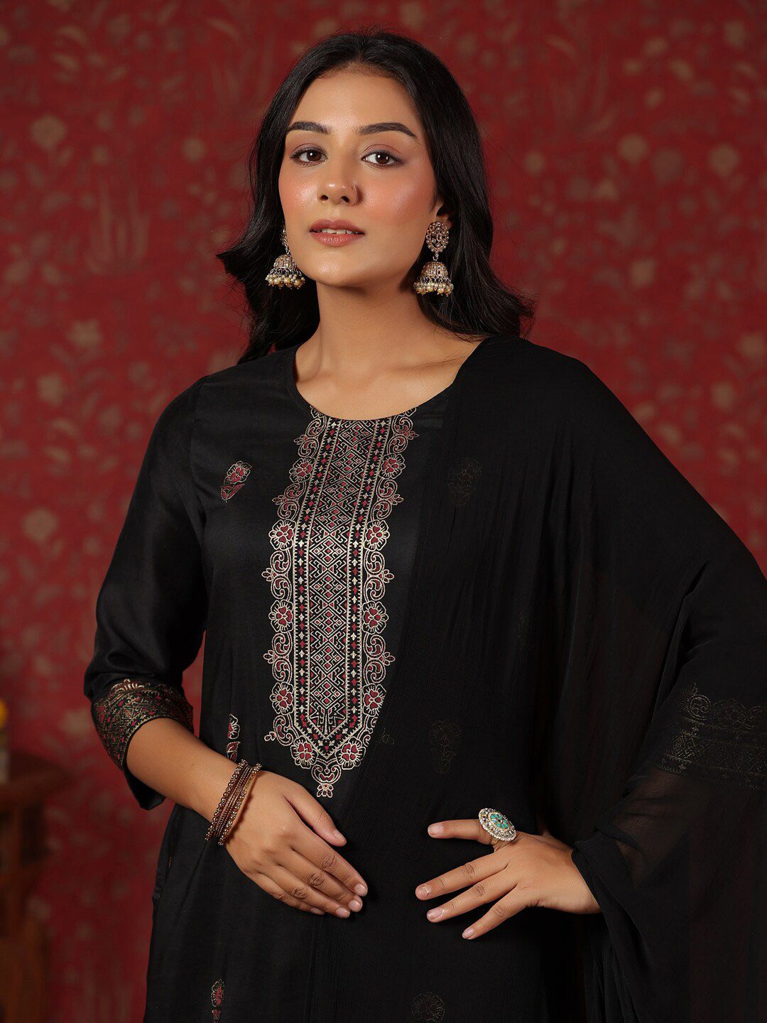 Dhiyona IS Women's Black Ethnic Motifs Printed Straight Kurta & Trouser With Dupatta