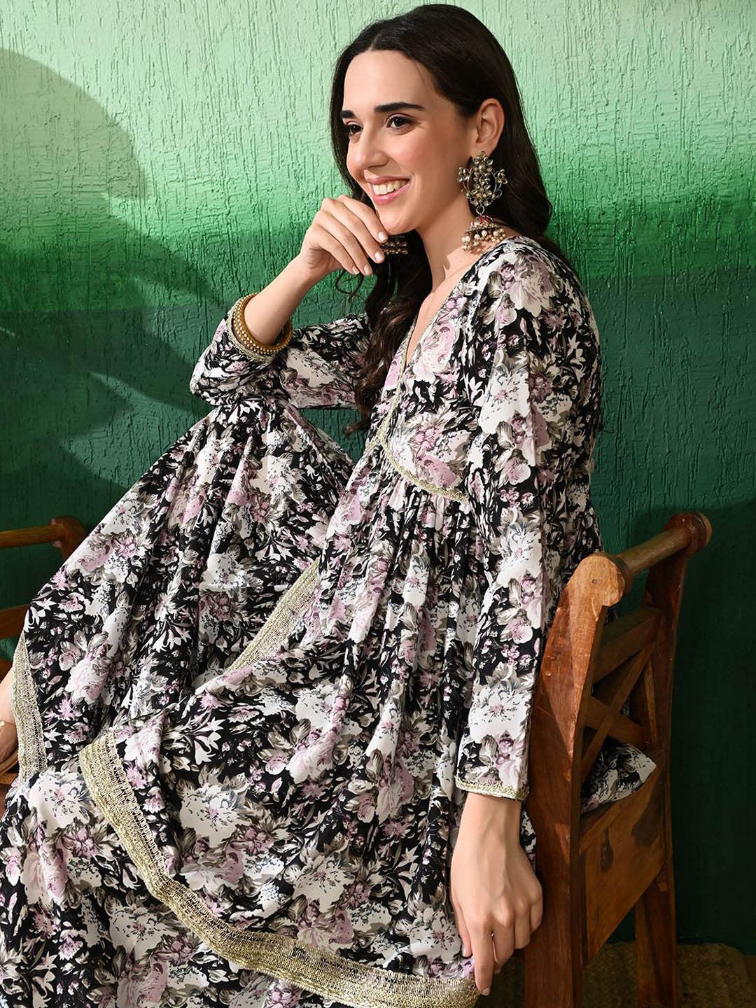 Floral Printed Empire V-Neck A-Line Kurta With Sharara