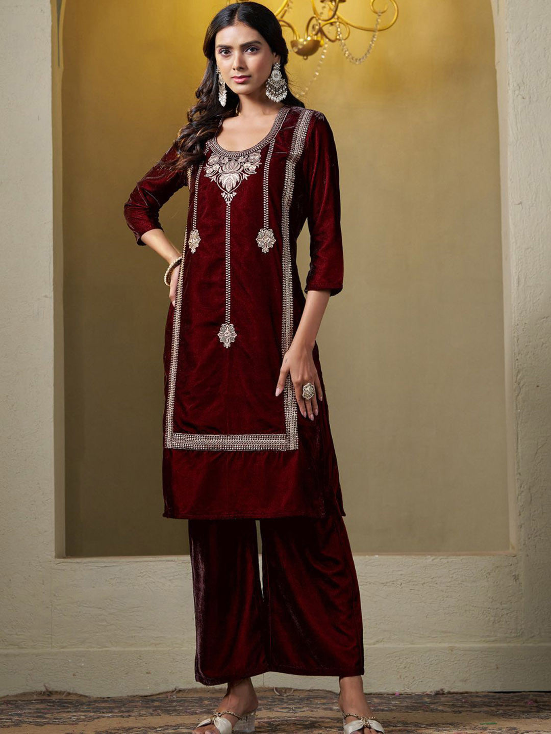Women Velvet Embroidery Straight Kurta Pant With Dupatta Set