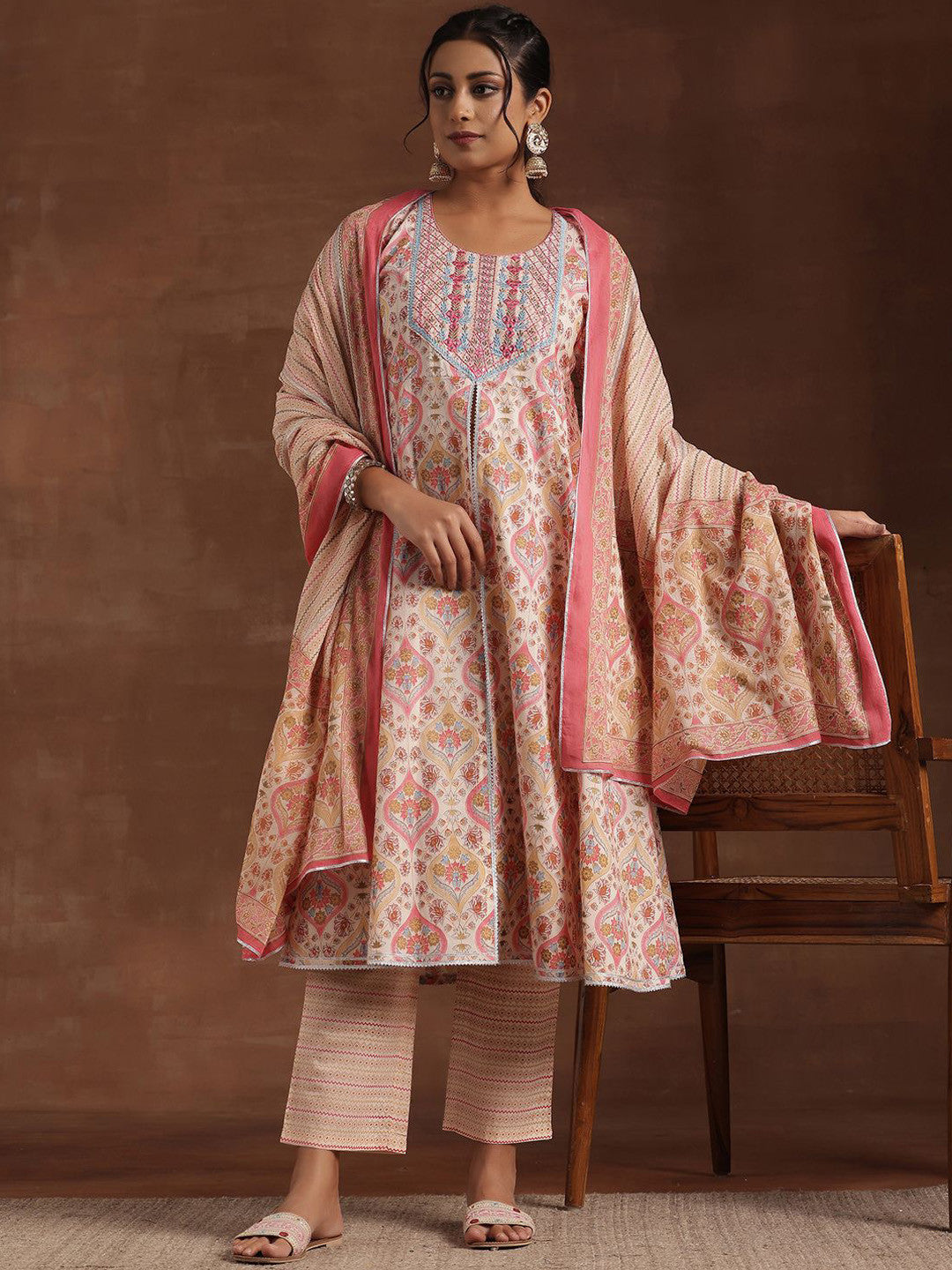 Printed Panelled Gotta Patti Pure Cotton Anarkali Kurta with Palazzos & Dupatta