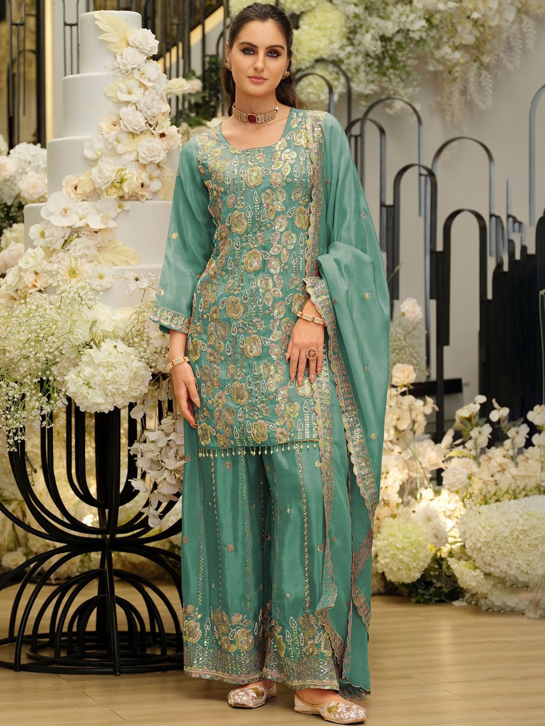 Women Ethnic Motifs Embroidered Regular Sequinned Kurta with Sharara & With Dupatta