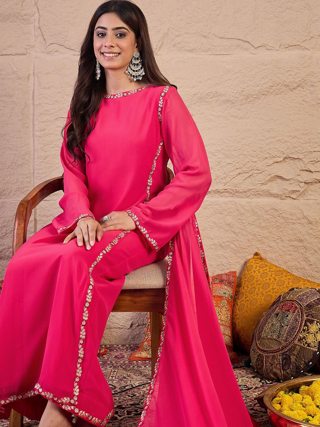 Dhiyona IN Women Floral Embroidered Regular Thread Work Kurta with Palazzos & Dupatta