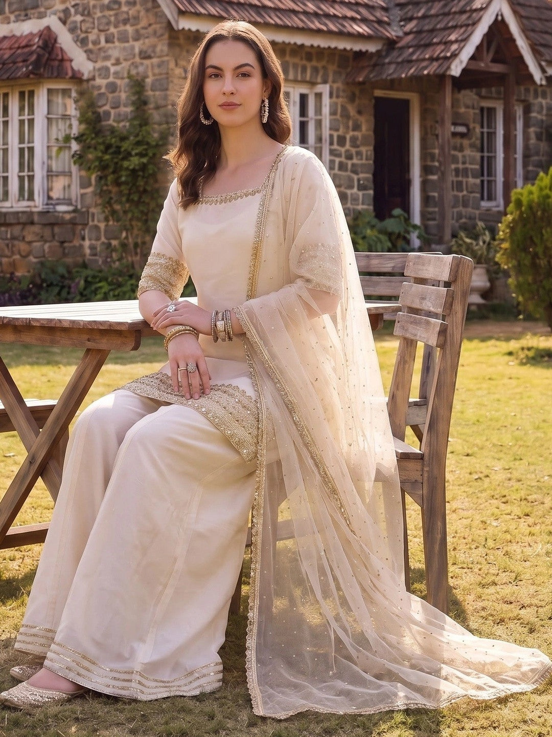 Women Ethnic Motifs Embroidered Regular Silk Chiffon Kurta with Sharara & With Dupatta