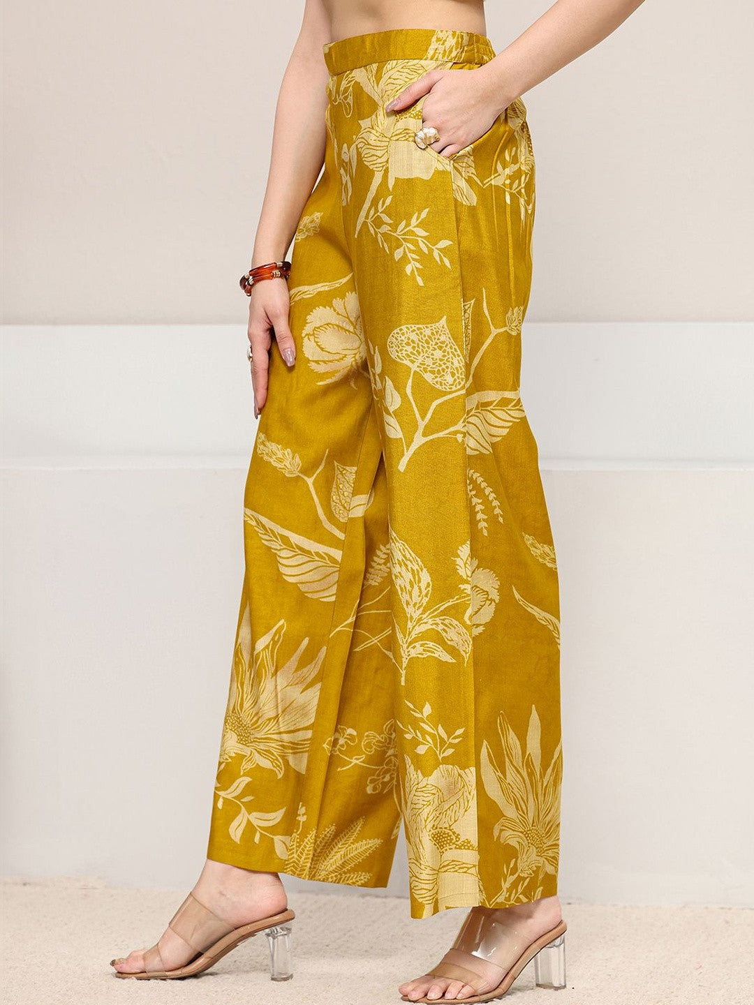 Mustard Floral Printed A-line Kurta Set