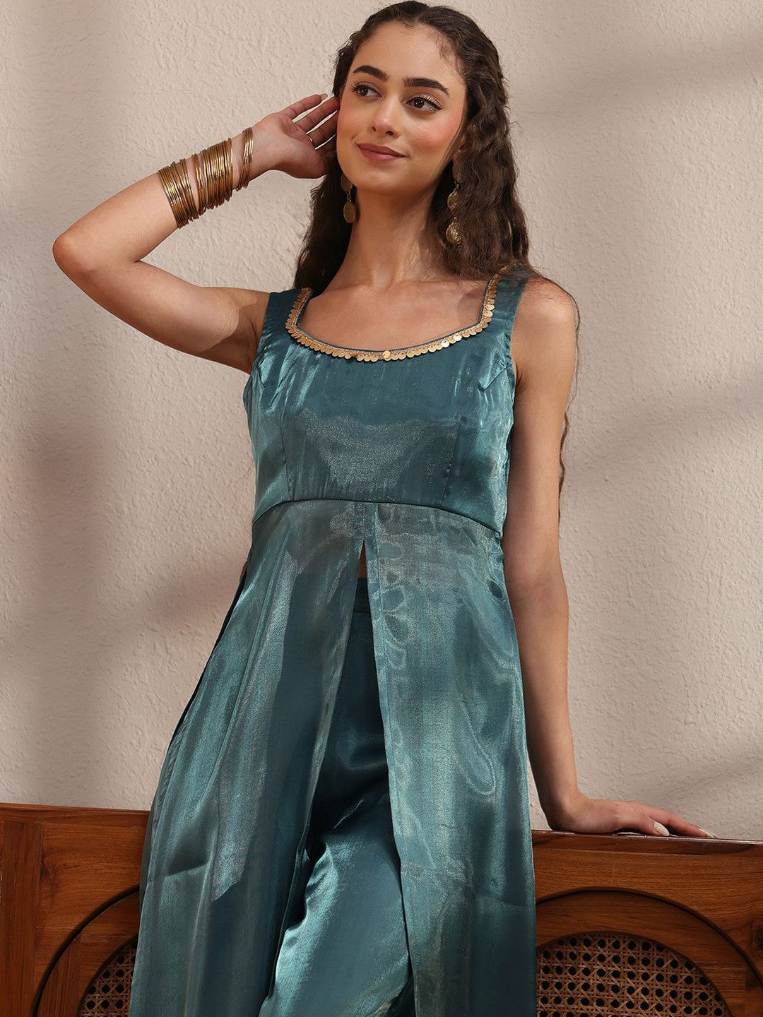 Libas Teal Solid Tissue Front Slit A-Line Kurta Set
