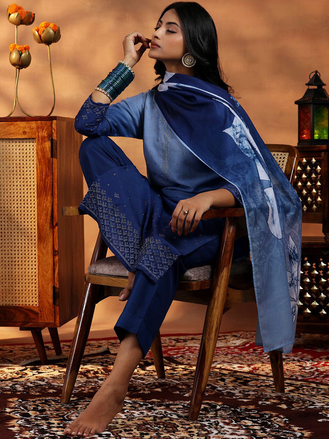 Women Ombre Dyed Regular Beads and Stones Kurta with Trousers & With Dupatta
