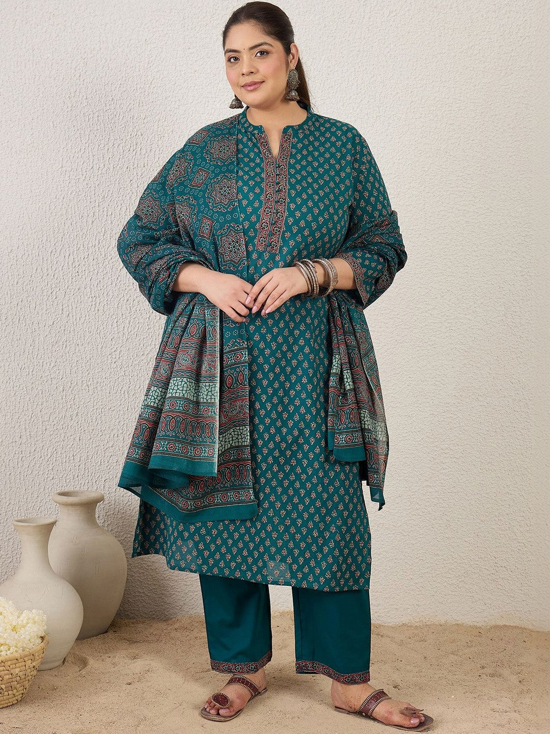 Plus Size Ethnic Printed Regular Pure Cotton Kurta with Trousers & With Dupatta