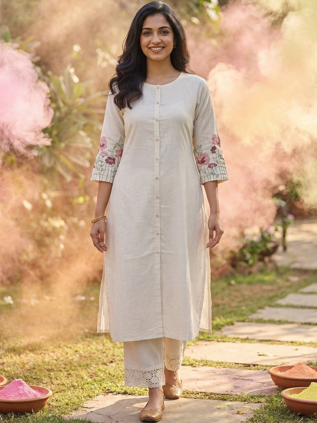 Women Striped Regular Thread Work Kurta with Trousers