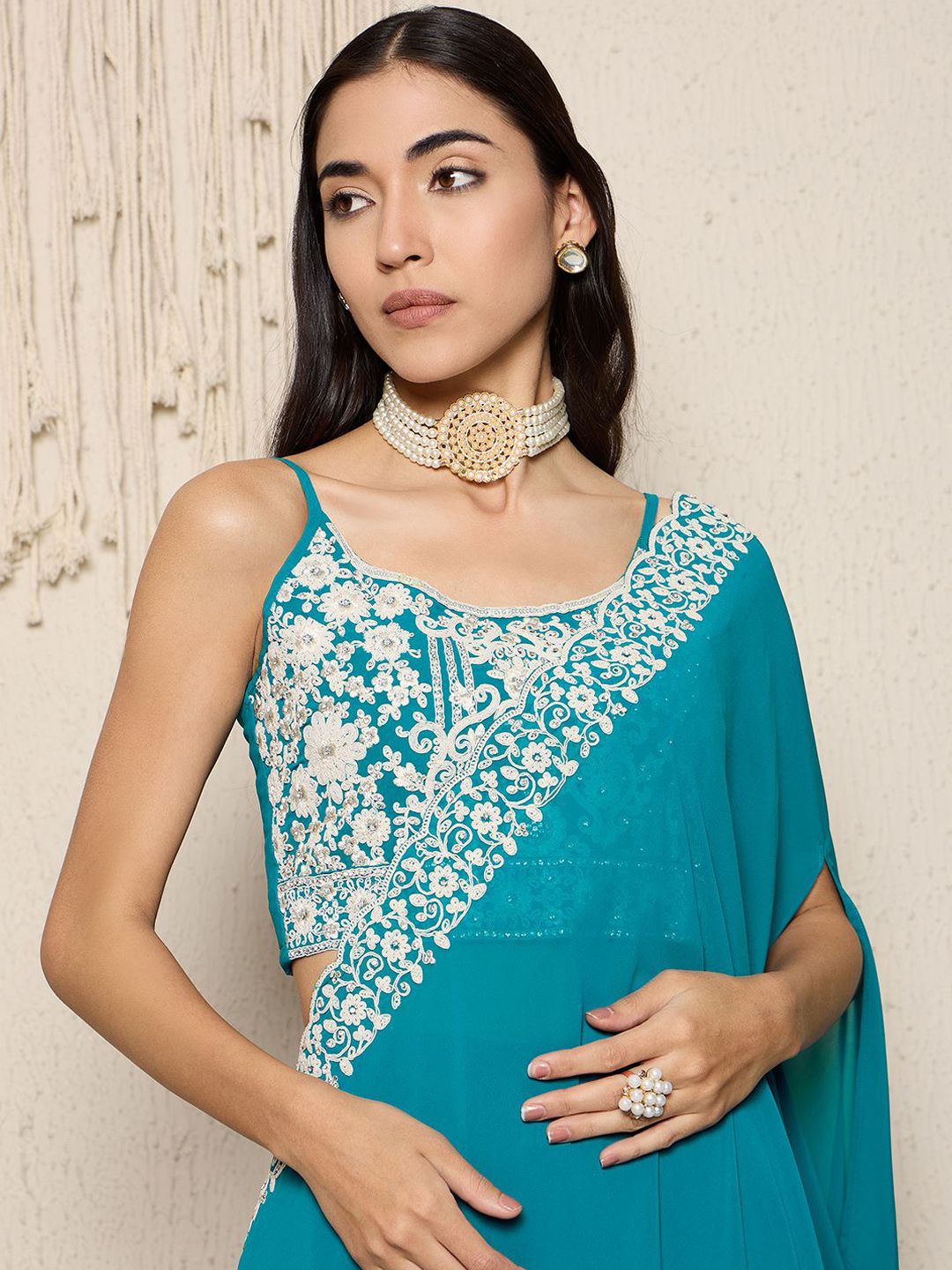 Dhiyona AN Sea Green & White Floral Embroidered Shoulder Straps Top with Sharara & Dupatta