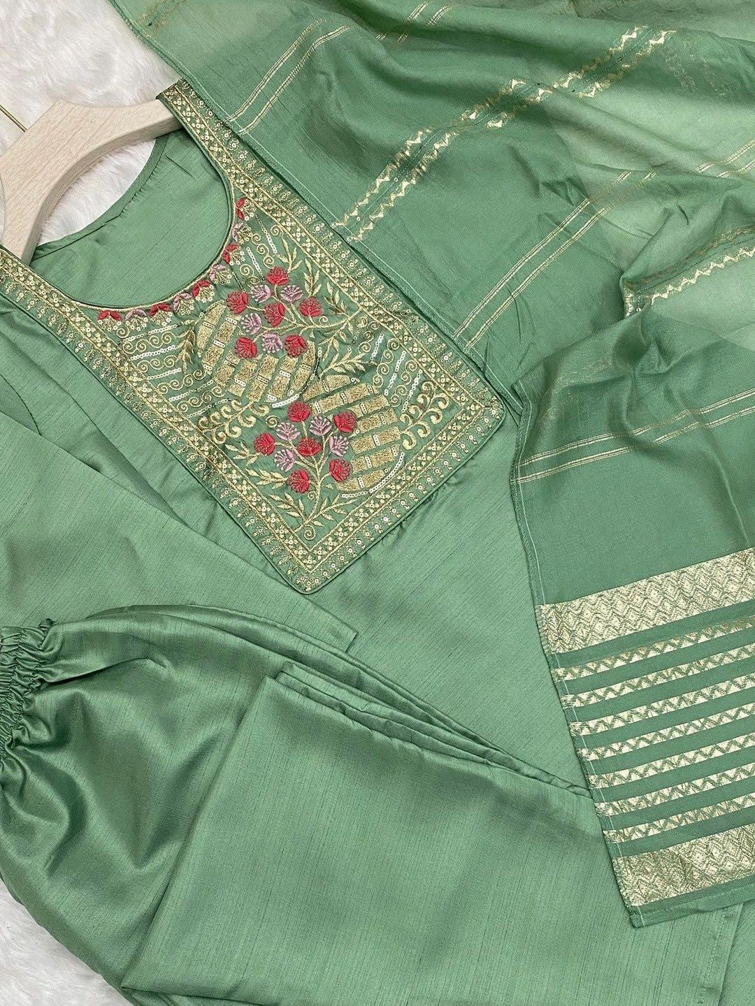 Women Floral Embroidered Empire Sequinned Kurta with Trousers & With Dupatta