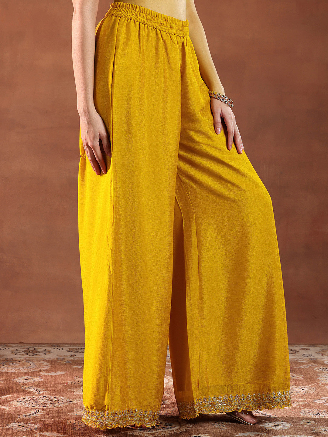 Mustard Yellow Floral Embroidered Straight Kurta with Palazzo & Dupatta