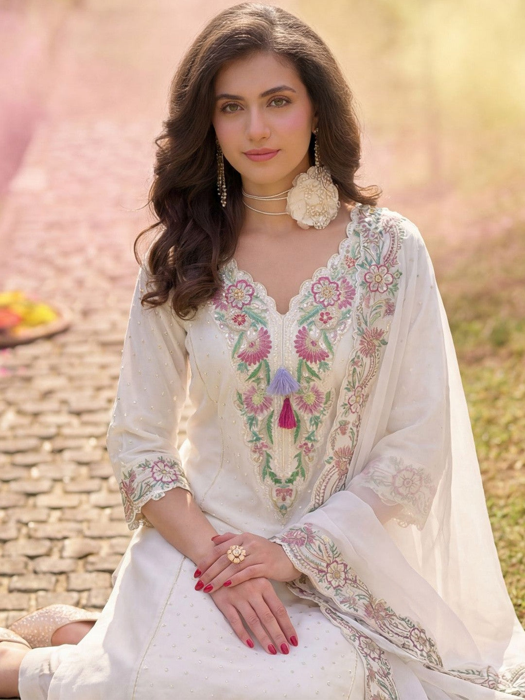 Women Floral Embroidered Regular Thread Work Kurta with Trousers & With Dupatta